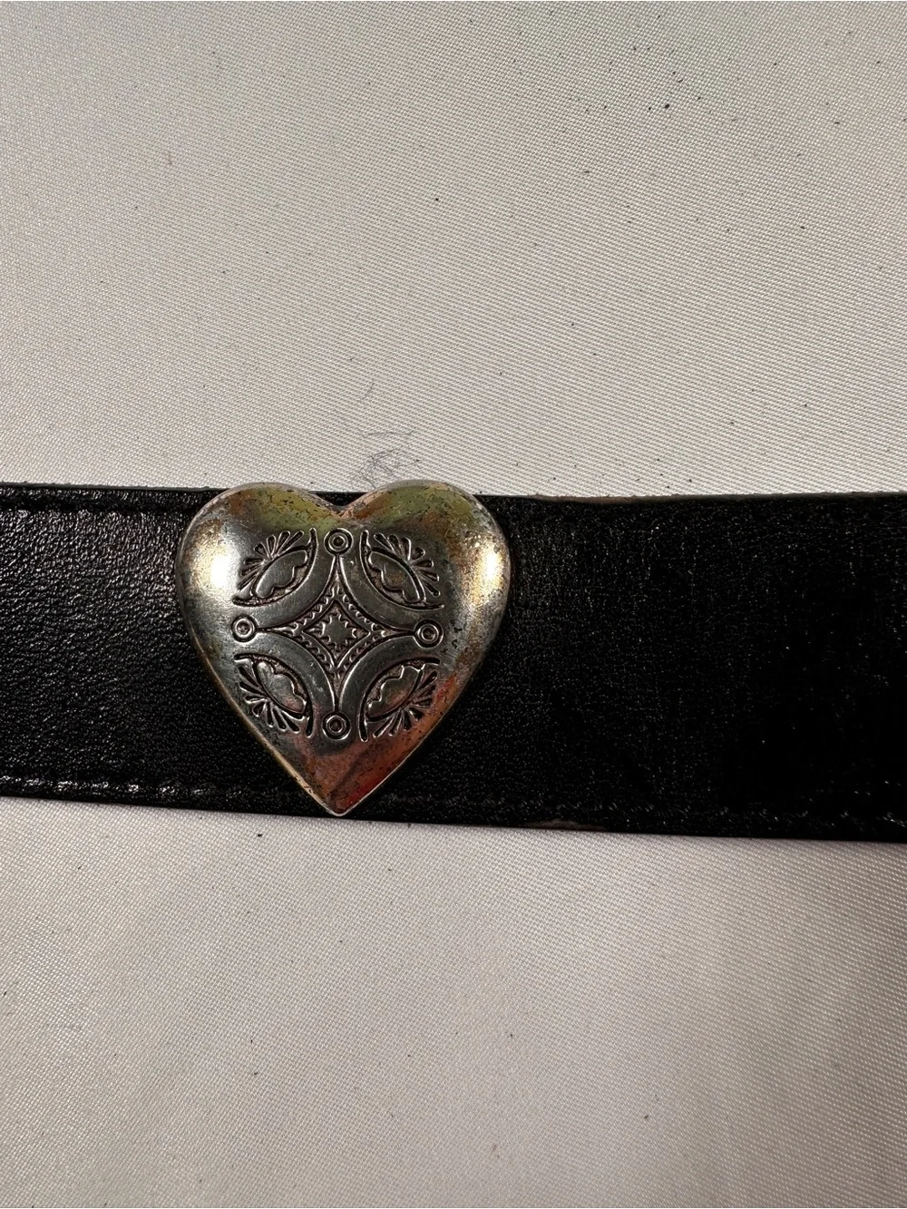 M&P Black Leather Belt with Silver Western Buckle and Red Heart Accents